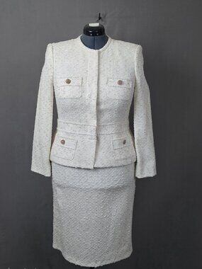 Share Albert Nipon Skirt Suit Womens 14 Ivory Tweed 2 Piece Jacket Skirt Vintage